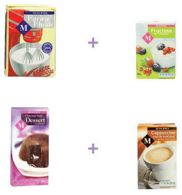 • 40 g de Farine, - 1 kg - 0,95 €
• 40 g de Fructose - 500 g - 2,13 €
• 80 g de Chocolat Noir Dessert - 200 g - 1,50 €
• 1 sachet de Cappuccino poudre, saveur chocolat - 144 g - 2,06 €