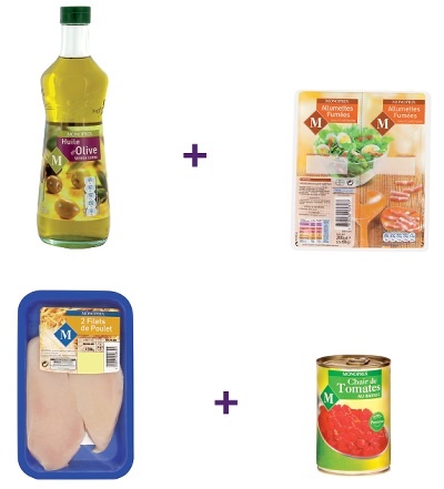 • 2 x 2 Blancs de poulet - 330 g - 4,36 € le paquet
• 100 g de lardons allumettes fumées - (2 x100 g) - 1,45 €
• 4 c. à soupe d'huile d'olive - 50 cl - 2,90 €
• chair de tomates au basilic - 400 g - 0,95 €