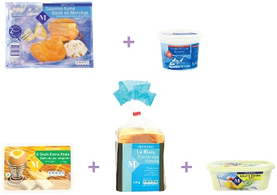 • 2 tranches de Saumon fumé, élevé en Norvège - 70 g - 2,99 €
• 80 g de crème fraîche épaisse - 20 cl - 1,37 €
• 6 oeufs extra-frais - 73 g - 1,39 €
• 4 tranches de pain de mie - 550 g - 1,65 €
• 20 g de beurre tendre doux - 250 g - 1,79 €