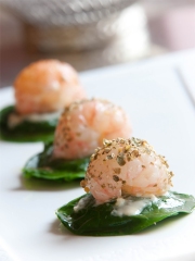 Langoustines bretonnes au poivre vert de Penja, ravioles florentines et parmesan
Photo : DR