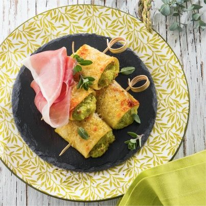 Brochettes de paccheri farcies au Jambon de Parme et à la crème d'asperges