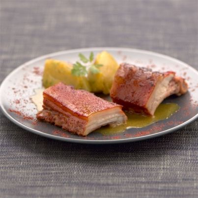 Cochon de lait rôti tandoori, purée de patates douces au gingembre