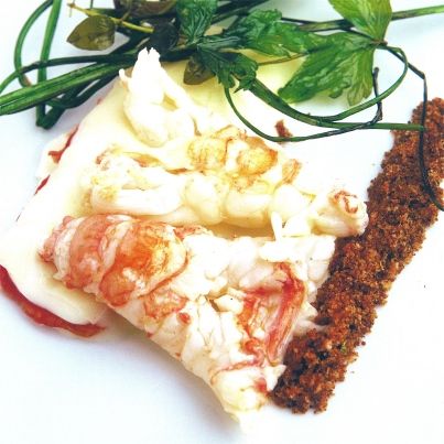 Crème de brebis, langoustines et pain d'épices
