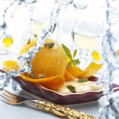 Oranges pelées confites, crème au Beaufort