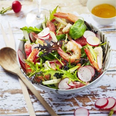 Salade de Crevettes aux Radis, Pamplemousse, Pomme, Jeunes Pousses et Coriandre