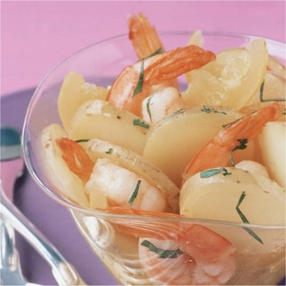 Salade de pommes de terre primeurs AOC de l'Ile de Ré au citron confit et crevettes