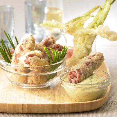 Tempura de Chipolatas aux cebettes et raifort