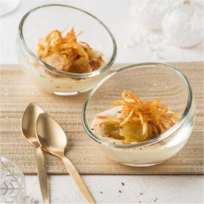 Verrine de ravioles grillées, crème de foie gras et râpé de pommes de terre